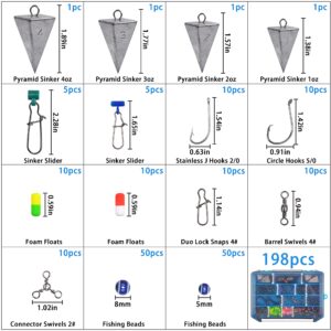 Saltwater Surf Fishing Tackle Kit Fishing Gear Tackle Box with Tackle Included Fish Finder Rigs Pompano Rig Pyramid Sinker Weight Fishing Hook Swivels Fishing Beads Accessories (198pcs)