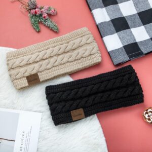 Loritta 2 Pack Headbands for Women Winter Warm Cable Knit Ear Warmer Thick Head Wrap Fuzzy Fleece Lined Gifts, Pure Color Black+Beige