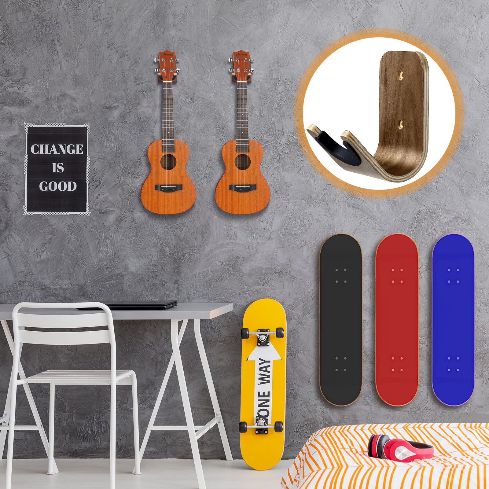 Guitar Wall Mount Holder Guitar Hanger with Pick Slot Skateboard Rack Modern Design Guitar Hook Ukulele Stand Wooden Violin Display Stand with Tool for Storage Bass Acoustic Mandolin Banjo (1 Set)