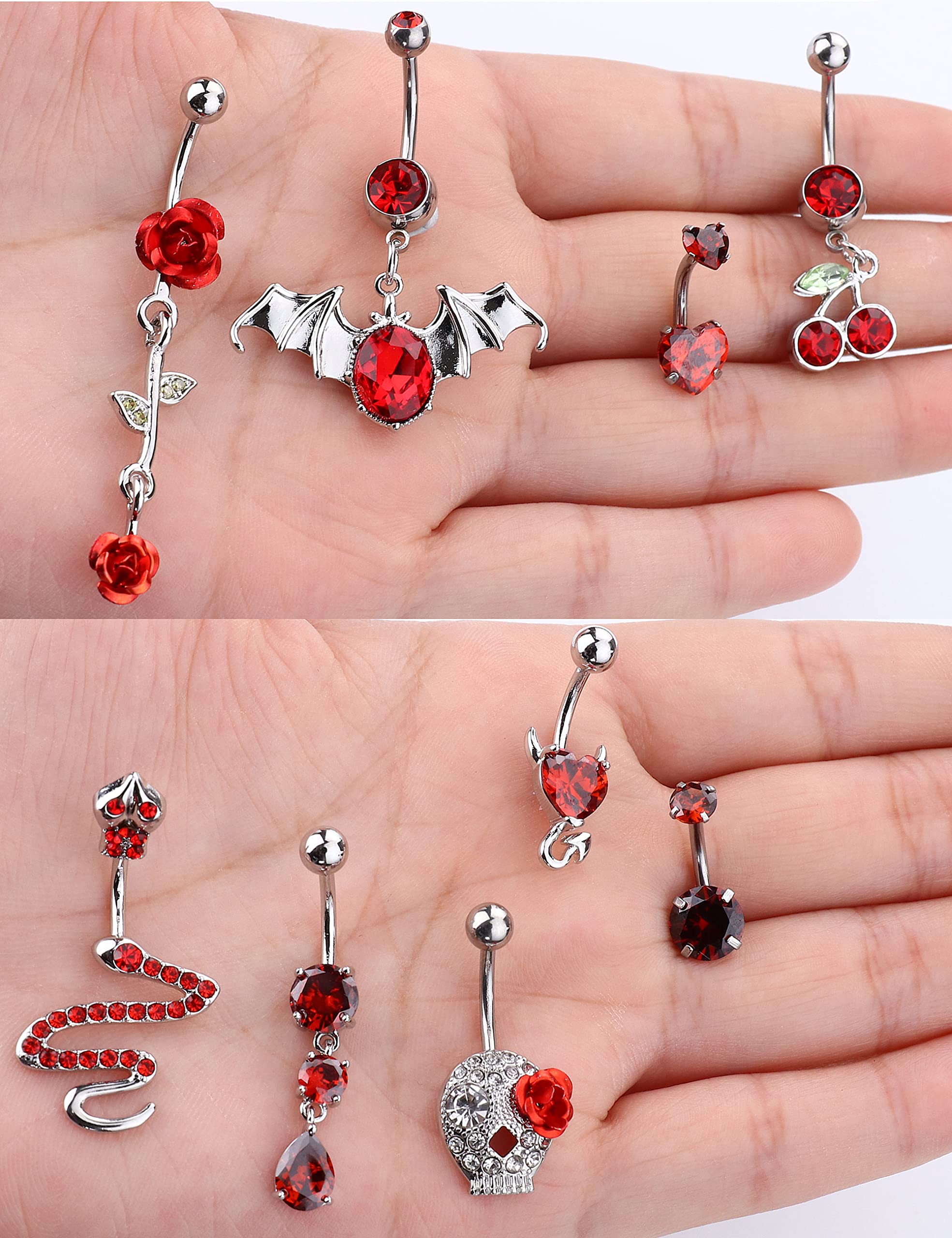 Sanfenly Belly Button Rings for Women 14G Stainless Steel Belly Rings Navel Rings Cute Snake Devil Heart Flower Dangle Belly Button Piercing Jewelry