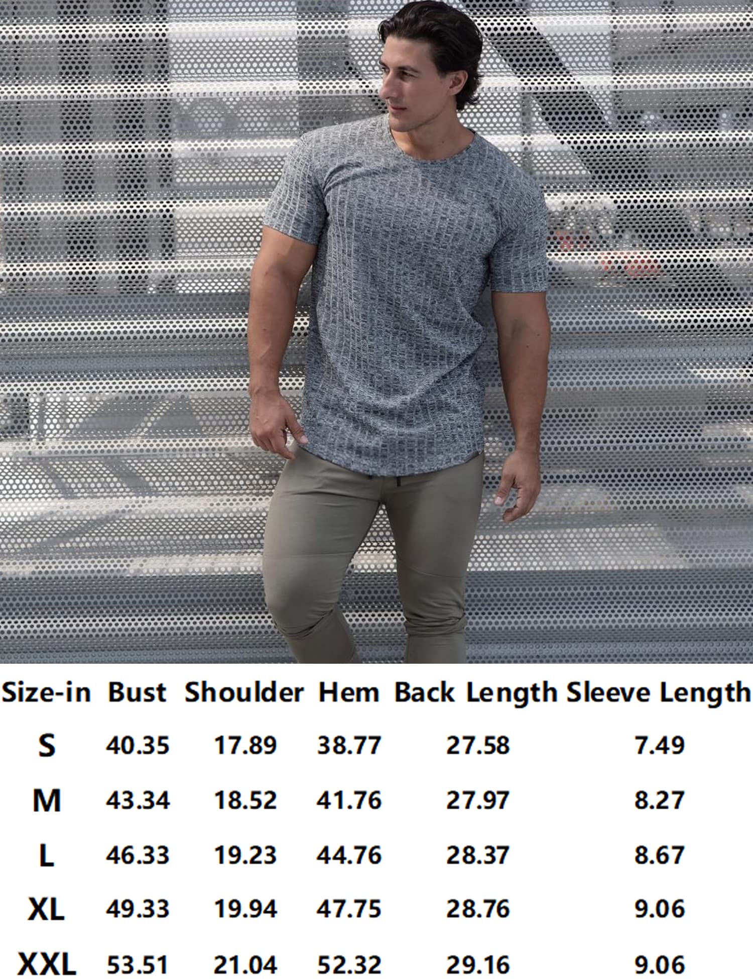 URRU Men's Muscle T Shirts Stretch Short Sleeve Bodybuilding Workout Casual Slim Fit Tee Shirts Grey M