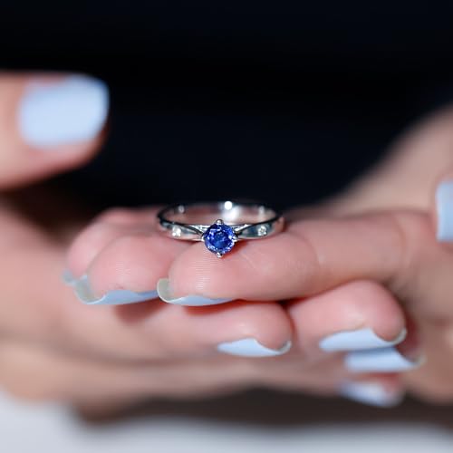 Rosec Jewels Certified Lab Grown Blue Sapphire Promise Ring, AAAA Quality, Sapphire Diamond Solitaire Ring - Ready To Gift, 14K White Gold, Size:US 6.50