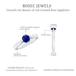 Rosec Jewels Certified Lab Grown Blue Sapphire Promise Ring, AAAA Quality, Sapphire Diamond Solitaire Ring - Ready To Gift, 14K White Gold, Size:US 6.50