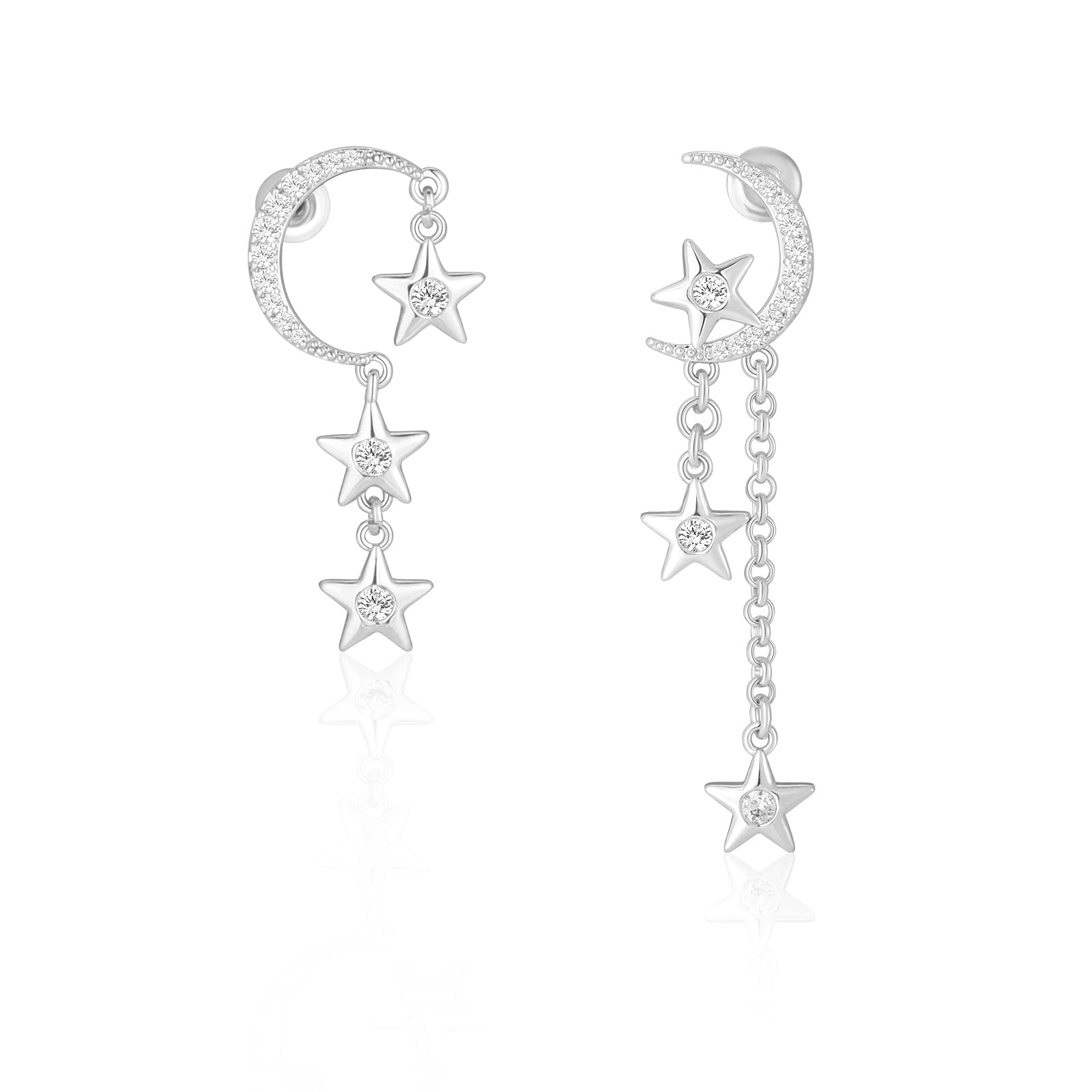 MESOVOR Moon Star Dangle Earrings, 16K Gold Plated Drop Tassel | Sparkling Zirconia Asymmetrical Earrings for Women (Silver)