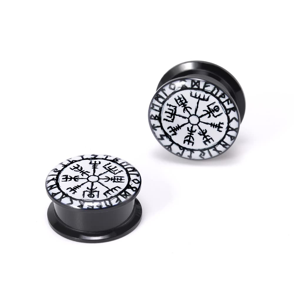 POBAISITER 1 Pair Acrylic Solid Screw On Ear Plugs Tunnels Scandinavian Norse Viking Symbol Epoxy Vegvisir Allergy Free For Women Men Body Piercing Jewelry