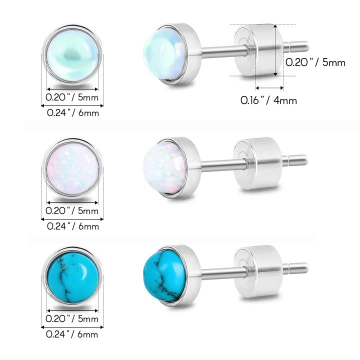 Small Gemstone Studs Earring Set: 3 Pairs Silver Opal Blue Turquoise Moonstone Round Stud Women-Simple Trendy Fashion Hypoallergenic Various Dainty Birthstone Jewelry