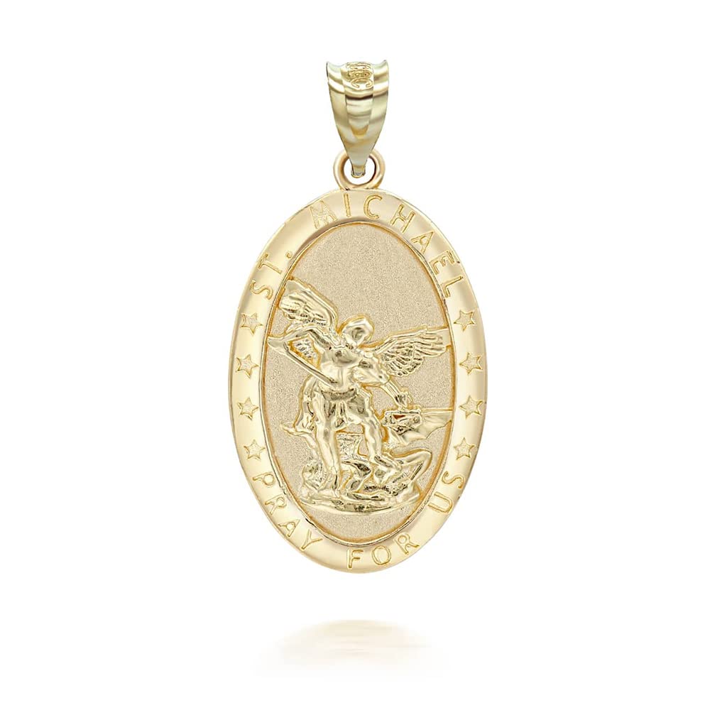 10k Yellow Gold Archangel St. Michael Pray For Us Words Oval Medal in Solid Gold Charm Pendant