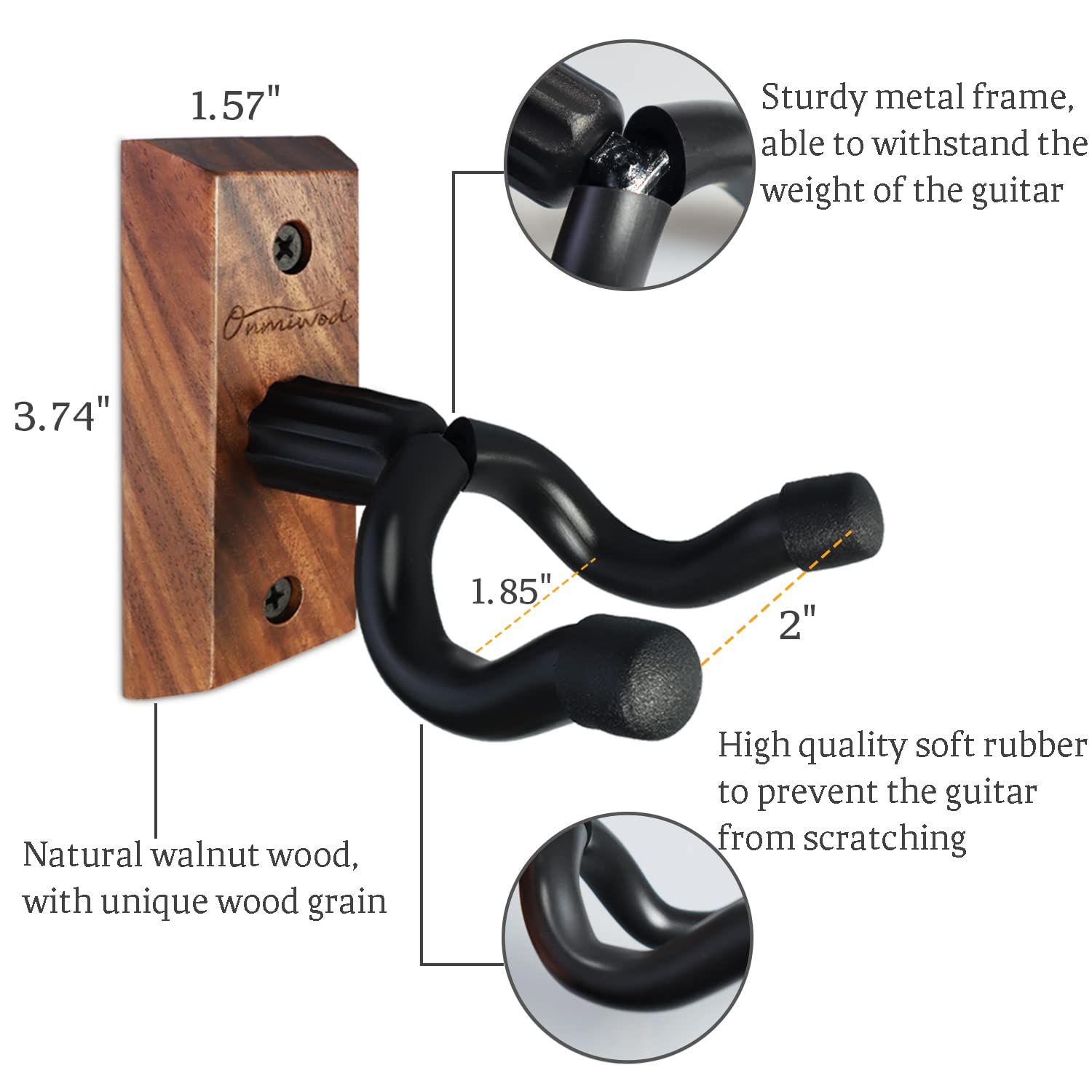 Guitar Wall Mount 2 Pack, Black Walnut Wood Guitar Hanger, U-Shaped Guitar Wall Hanger Mount, Guitar Holder Hook Stand Wall for Acoustic, Electric Guitar, Banjo, Bass, for Guitar Player Men Boy