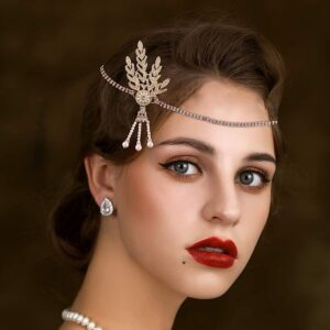 GORTIN 1920's Flapper Headband Leaf Rhiestones Headpiece Pearl Tassel Bride Wedding Headdress Head Bands Bridal Flapper Hair Accessories Head Chain for Women and Girls (Gold)