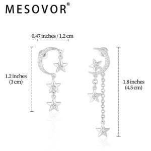 MESOVOR Moon Star Dangle Earrings, 16K Gold Plated Drop Tassel | Sparkling Zirconia Asymmetrical Earrings for Women (Silver)