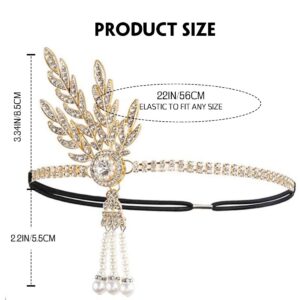 GORTIN 1920's Flapper Headband Leaf Rhiestones Headpiece Pearl Tassel Bride Wedding Headdress Head Bands Bridal Flapper Hair Accessories Head Chain for Women and Girls (Gold)