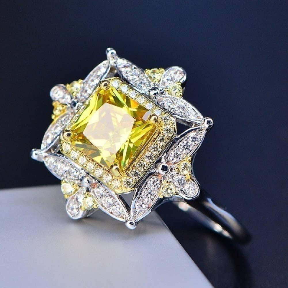 925 Sterling Silver Yellow Diamond Princess Cut Diamond Ladies Ring Luxury Party Square Cut Simulation 5A Moissanite Engagement Ring CZ Ladies Ring Fashion Wedding Ring Ring Size 6-10 603 (8)