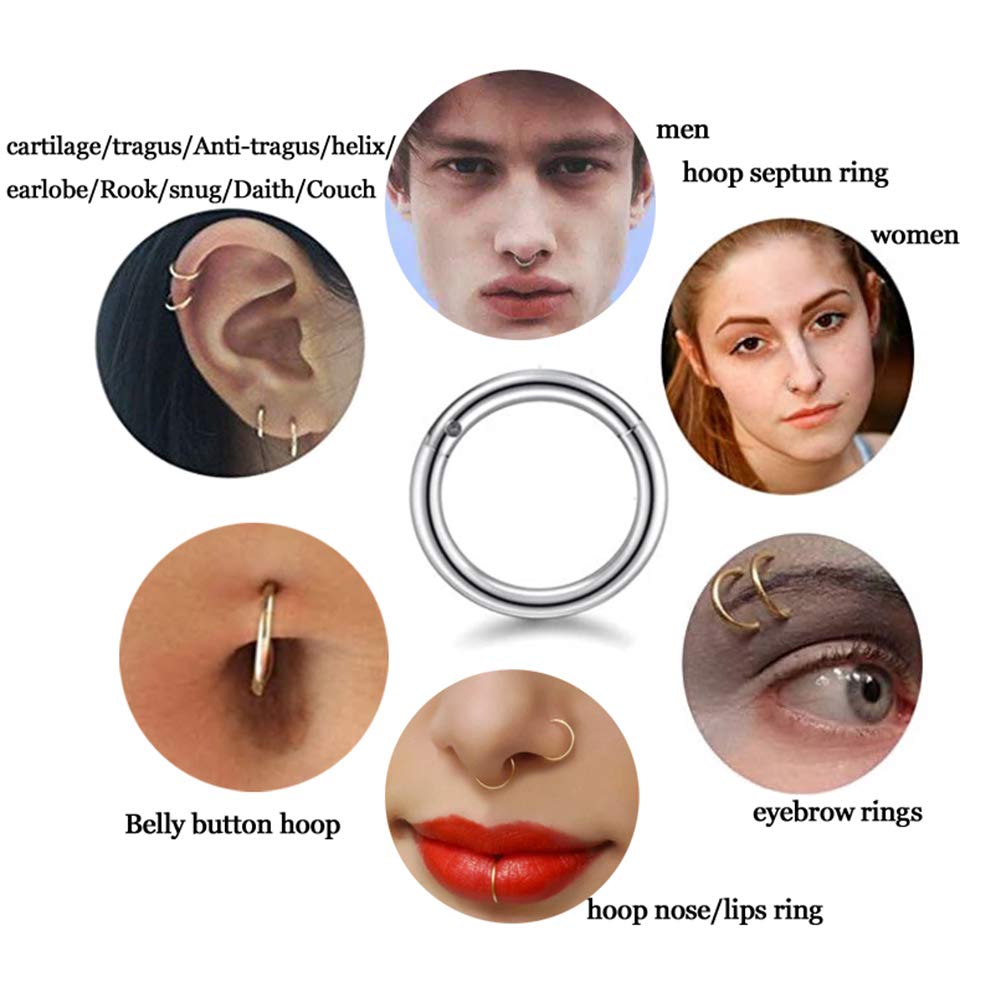 16G 18G 20G Stainless Steel Hinged Clicker Segment Septum Nose Lip Ring Hoop Cartilage Tragus Sleeper Earrings Body Piercing Jewelry for Women Men 6mm 8mm 10mm Mix Colors A Set (20G - 8mm - 4Pcs)