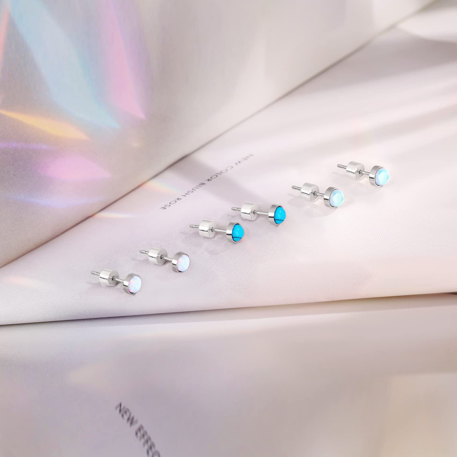 Small Gemstone Studs Earring Set: 3 Pairs Silver Opal Blue Turquoise Moonstone Round Stud Women-Simple Trendy Fashion Hypoallergenic Various Dainty Birthstone Jewelry