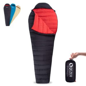 QEZER Ultralight Down Sleeping Bag for Adults 44-62 Degree F with 600 Fill Power, Compact Summer Sleeping Bag with Compression Sack for Backpacking, Hiking and Camping