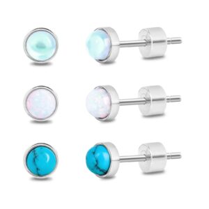 small gemstone studs earring set: 3 pairs silver opal blue turquoise moonstone round stud women-simple trendy fashion hypoallergenic various dainty birthstone jewelry