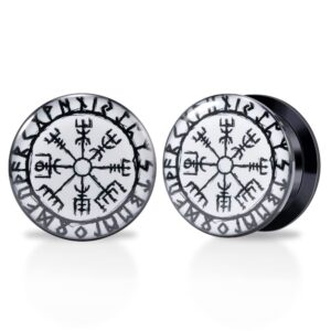 pobaisiter 1 pair acrylic solid screw on ear plugs tunnels scandinavian norse viking symbol epoxy vegvisir allergy free for women men body piercing jewelry