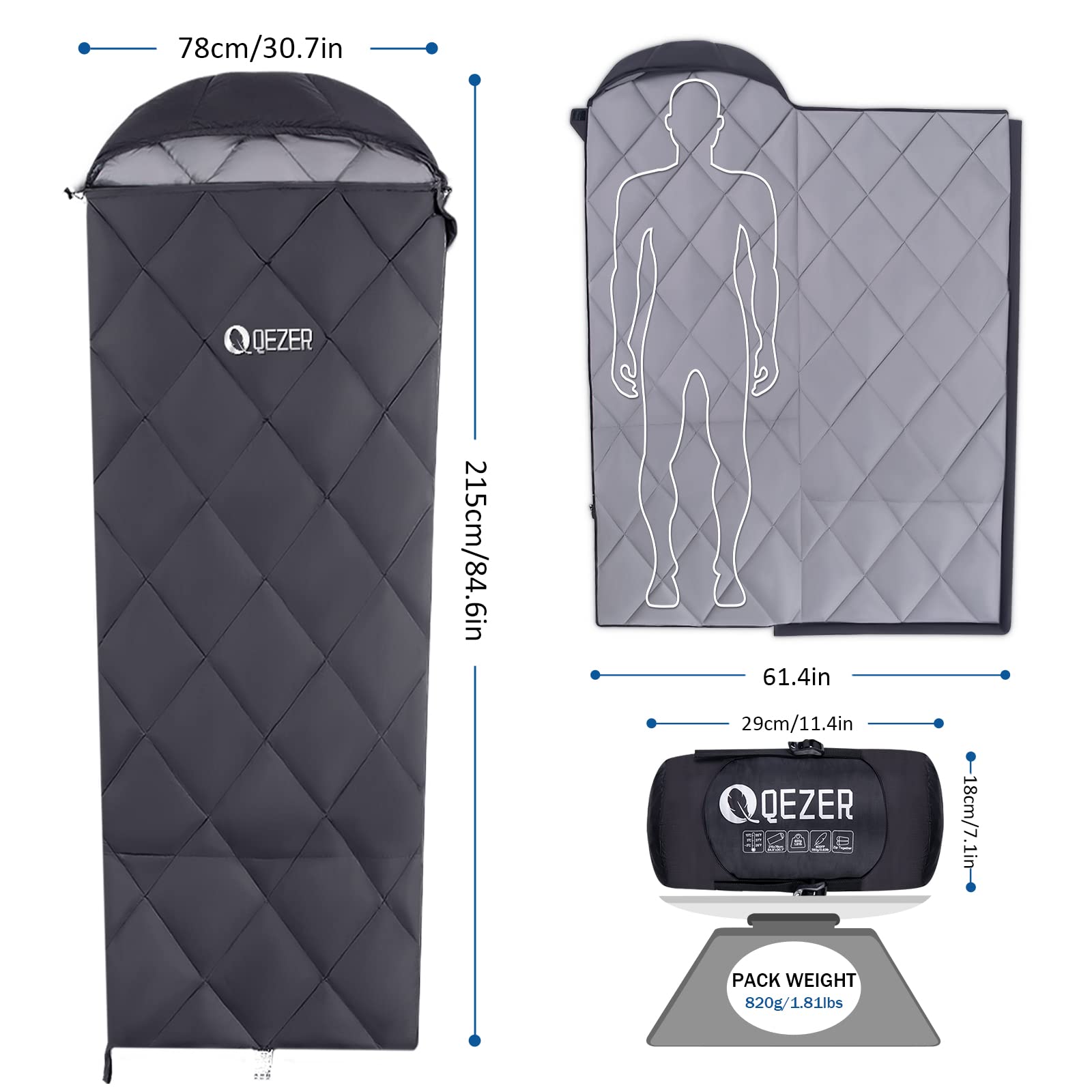 QEZER Down Sleeping Bag for Adults, Teens, 40-60℉ 600 Fill Power Duck Down Ultralight Sleeping Bag Backpacking Sleeping Bag with Compression Sack