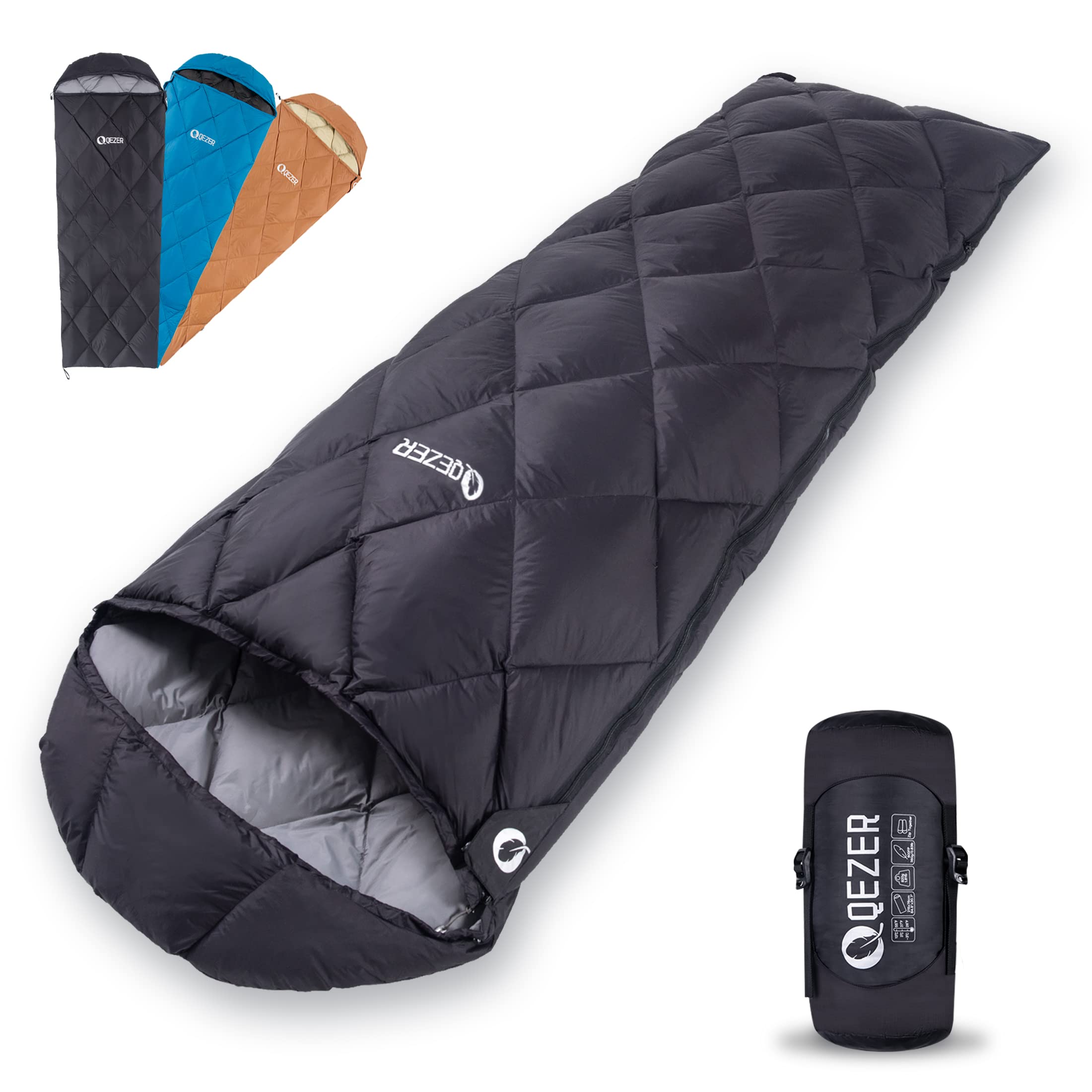 QEZER Down Sleeping Bag for Adults, Teens, 40-60℉ 600 Fill Power Duck Down Ultralight Sleeping Bag Backpacking Sleeping Bag with Compression Sack