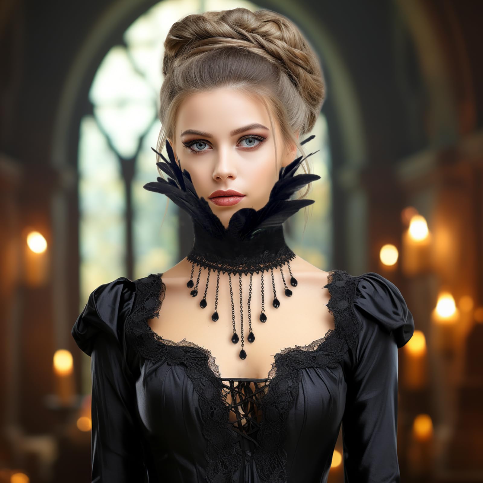 HOMELEX Gothic Victorian Black Natural Feather Collar Choker Halloween Shawl Cape