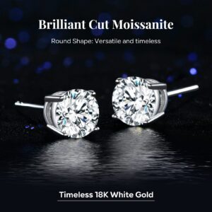 Certified Moissanite Stud Earrings, Diamond Earrings, 925 Sterling Silver Jewelry for Wife Girlfriend,18K Gold Earrings for Women, Gifts for Her(1ct, 2ct), White Gold, Moissanite