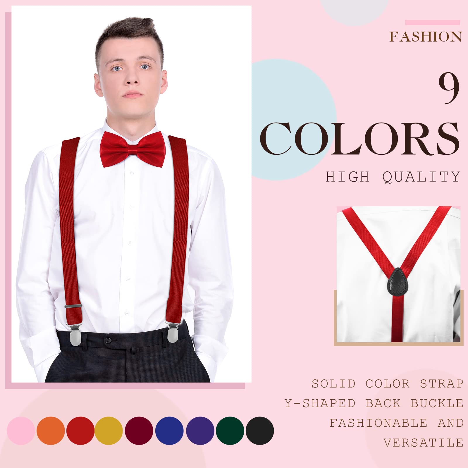 9 Pcs Adjustable Elastic Y Back Style Suspenders Fun Bow Ties for Men with Metal Clips 1 Inch Wide Y Shape Suspenders for Men and Women, 9 Colors