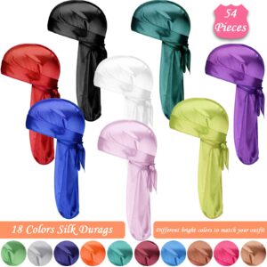 Tarpop 54 Pieces Silk Durags for Men Women 18 Colors Durags Wave Cap Satin Durags for 360 Waves Breathable Doo Rags with Wide Strap Durags for Hair Waves Fitness Cycling Hiking Camping Running