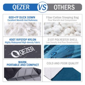 QEZER Down Sleeping Bag for Adults, Teens, 40-60℉ 600 Fill Power Duck Down Ultralight Sleeping Bag Backpacking Sleeping Bag with Compression Sack