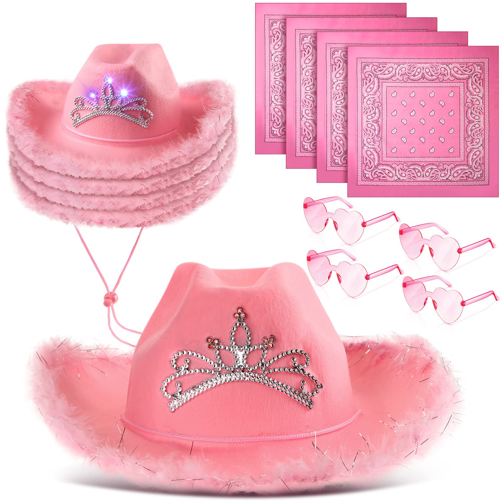 Zhanmai 12 Pcs Light Up Cute Cowboy Cowgirl Hat with Heart Glasses and Bandana with Tiara Crown