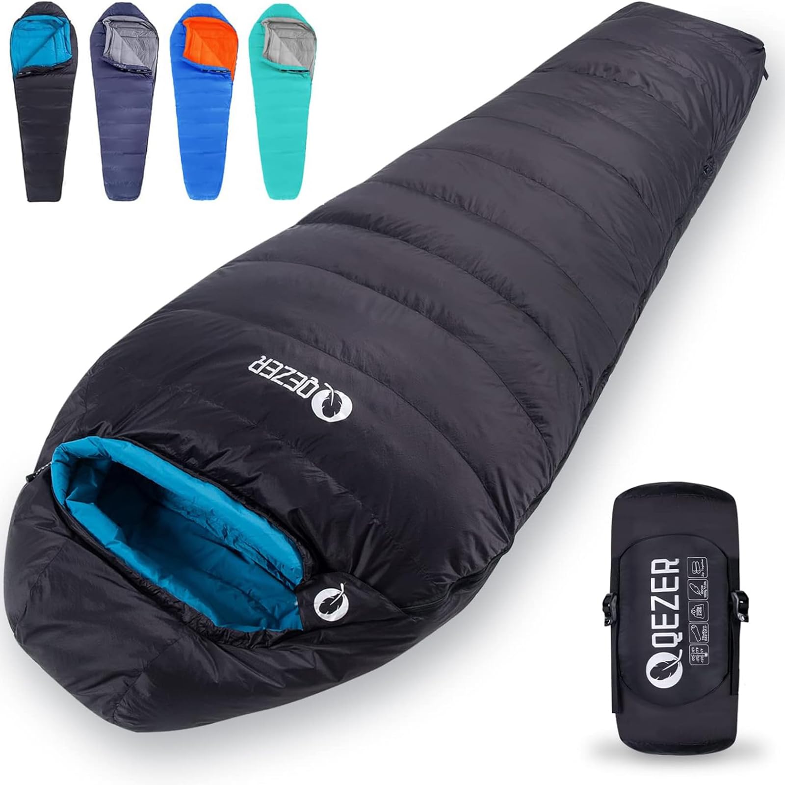 QEZER Down Sleeping Bag for Adults 32 Degree F Backpacking Sleeping Bag with 600 FP Down Ultralight Mummy Sleeping Bag with Compression Sack