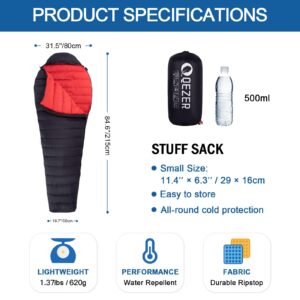 QEZER Ultralight Down Sleeping Bag for Adults 44-62 Degree F with 600 Fill Power, Compact Summer Sleeping Bag with Compression Sack for Backpacking, Hiking and Camping