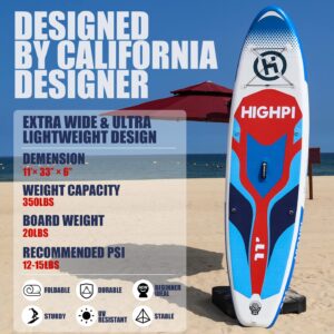 HIGHPI Inflatable Paddle Boards, 11'x33''x6'' SUP for Adults&Youth, Stand Up Paddle Boards with Accessories, Anti-Slip Deck, Stable Durable Lightweight, Suitable for Yoga Fishing Traveling