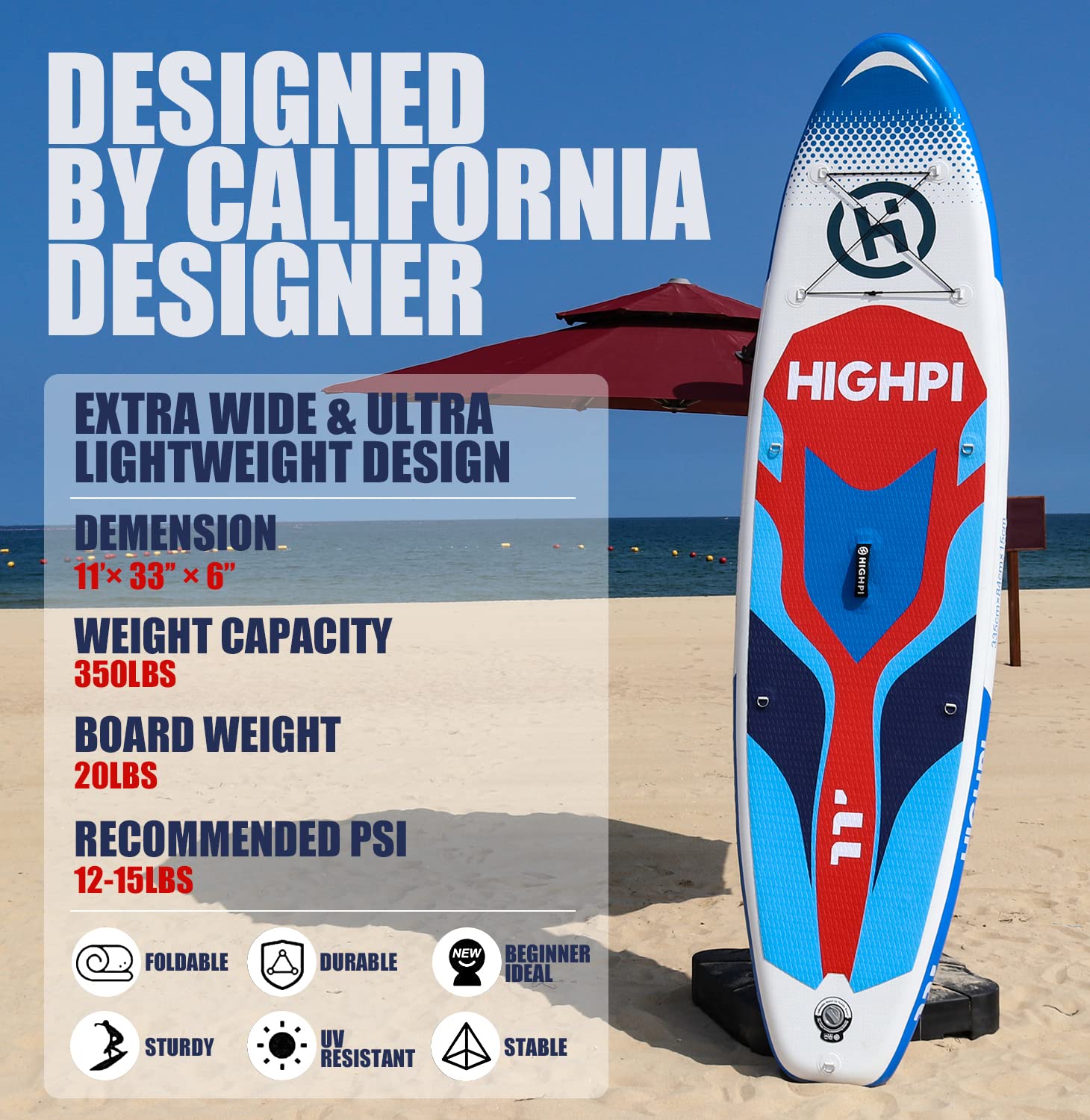 HIGHPI Inflatable Paddle Boards, 11'x33''x6'' SUP for Adults&Youth, Stand Up Paddle Boards with Accessories, Anti-Slip Deck, Stable Durable Lightweight, Suitable for Yoga Fishing Traveling