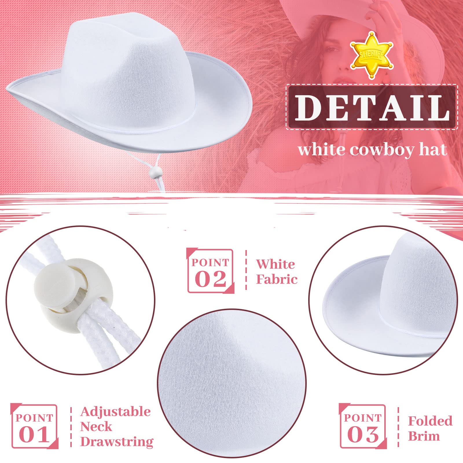 6 Pack Bulk Cowboy Hats Western Cowboy Hat Plain Cowboy Hat with Adjustable Drawstring for Wedding Stage Performance (Simple White)