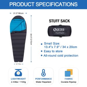 QEZER Down Sleeping Bag for Adults 32 Degree F Backpacking Sleeping Bag with 600 FP Down Ultralight Mummy Sleeping Bag with Compression Sack