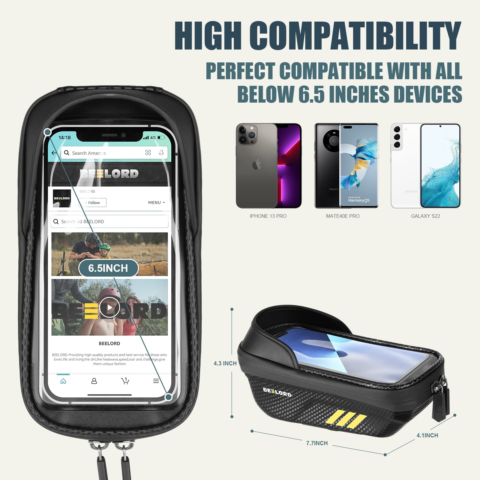 BEELORD Bike Phone Front Frame Bag,Bike Accessories,Waterproof Bike Phone Holder Bike Phone Bag,Bike Phone Mount Top Tube Bag with Touch Screen And Rain Cover Bag,Compatible Phone Under 6.5"