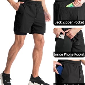 Aolesy Men’s 2 in 1 Running Shorts 5 Inch Workout Gym Athletic Shorts for Men Quick Dry Lightweight Training Shorts with Pockets Black