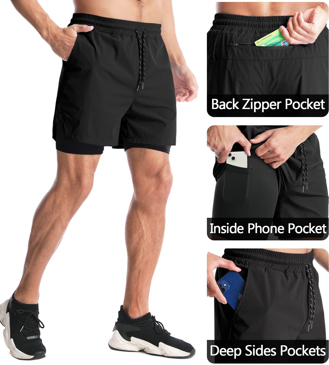 Aolesy Men’s 2 in 1 Running Shorts 5 Inch Workout Gym Athletic Shorts for Men Quick Dry Lightweight Training Shorts with Pockets Black