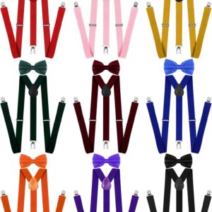 9 Pcs Adjustable Elastic Y Back Style Suspenders Fun Bow Ties for Men with Metal Clips 1 Inch Wide Y Shape Suspenders for Men and Women, 9 Colors