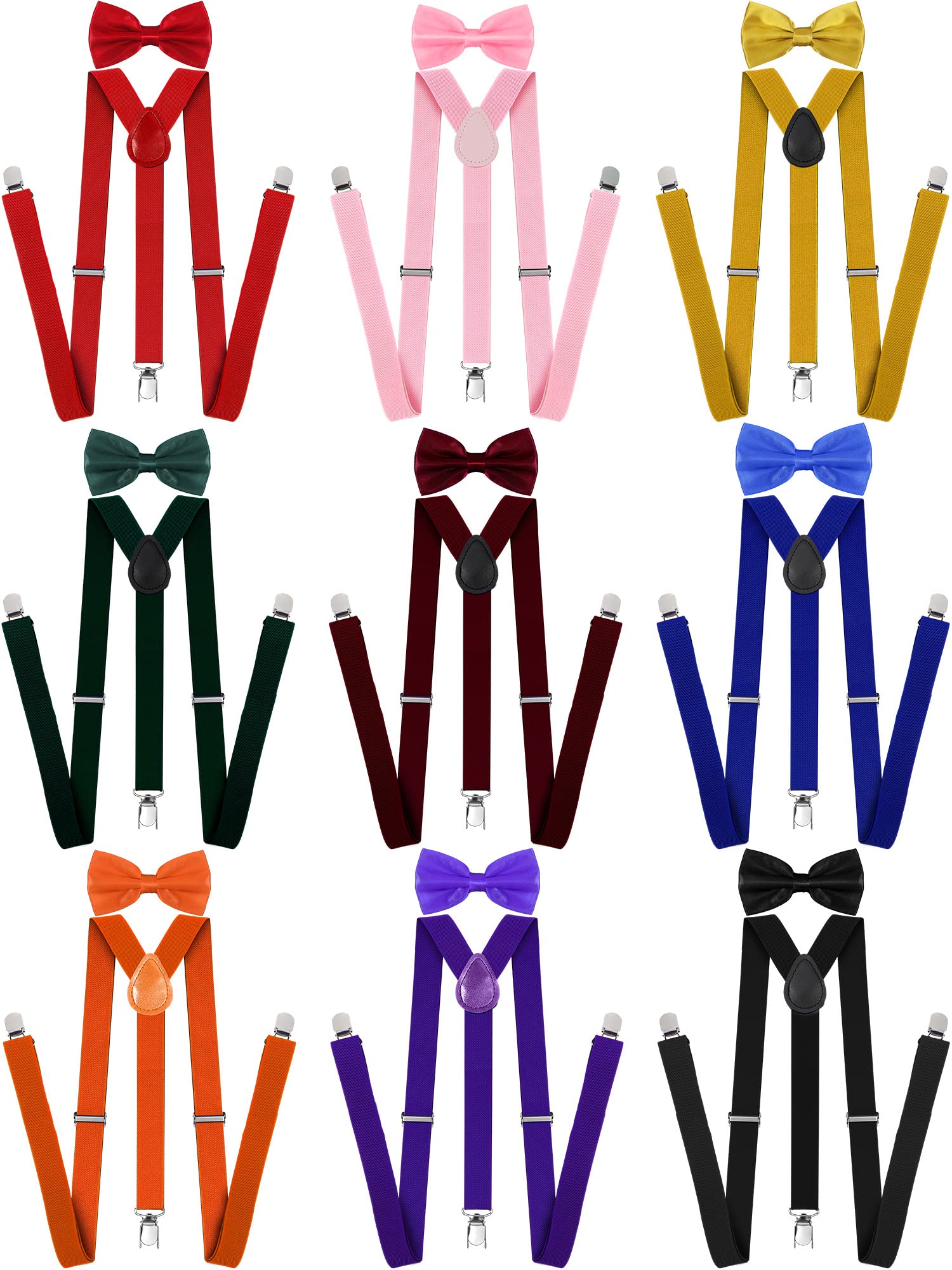 9 Pcs Adjustable Elastic Y Back Style Suspenders Fun Bow Ties for Men with Metal Clips 1 Inch Wide Y Shape Suspenders for Men and Women, 9 Colors