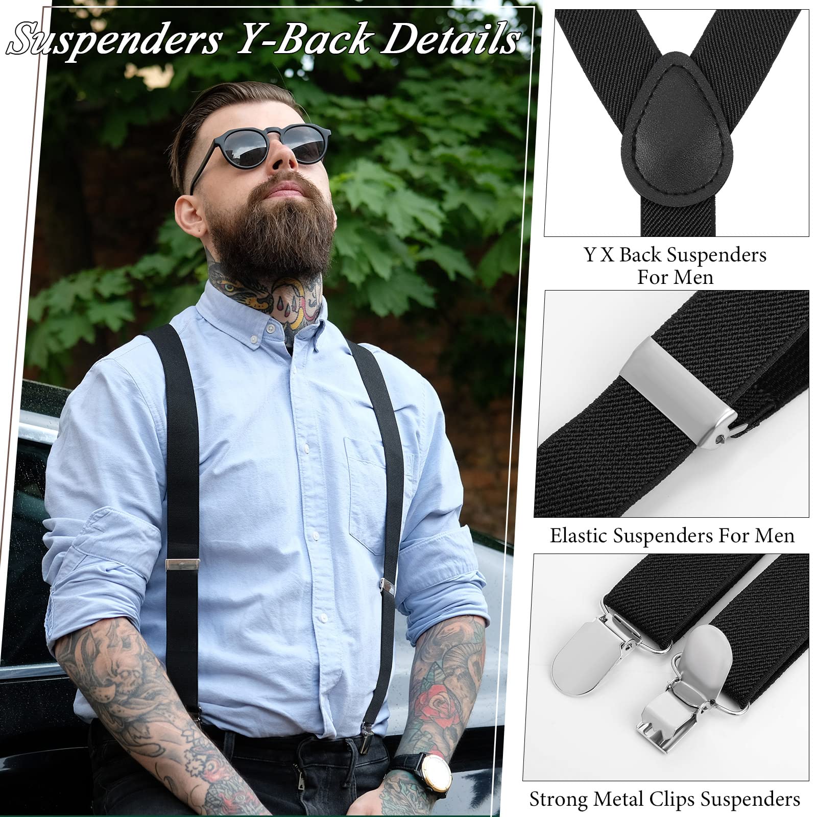 9 Pcs Adjustable Elastic Y Back Style Suspenders Fun Bow Ties for Men with Metal Clips 1 Inch Wide Y Shape Suspenders for Men and Women, 9 Colors