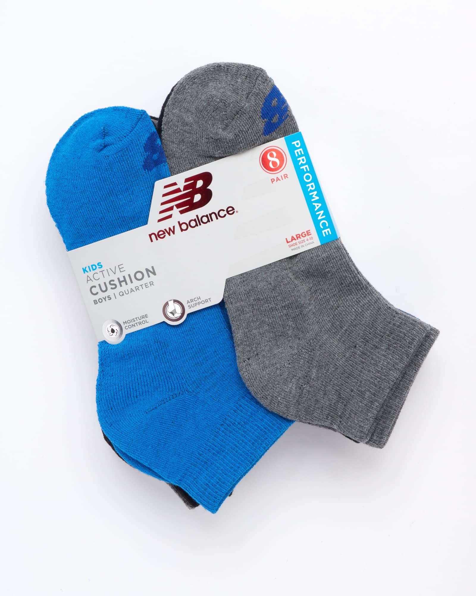 New Balance Boys' Quarter Socks - 8 Pack Performance Cushion Comfort Socks - Athletic Quarter Socks for Boys (4-12), Size Medium, Blue Assorted