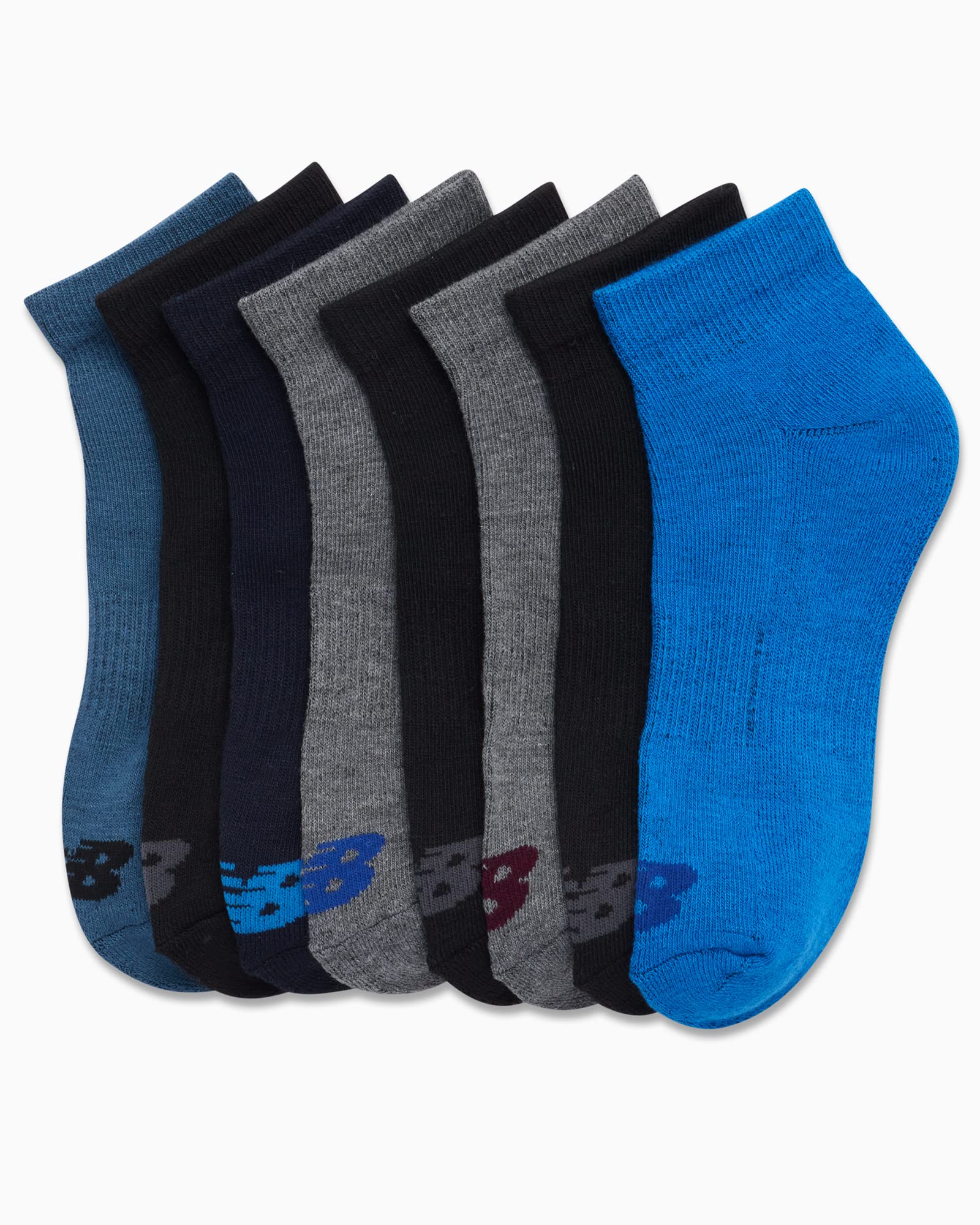 New Balance Boys' Quarter Socks - 8 Pack Performance Cushion Comfort Socks - Athletic Quarter Socks for Boys (4-12), Size Medium, Blue Assorted