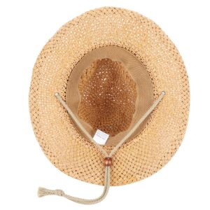 Straw Cowboy Hat Wide Brim Sun Cowgirl Summer Panama with Chin Strap Men Women Sombrero Travel Outdoor Family Khaki, One Size