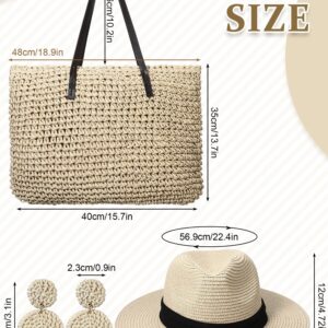 Straw Large Beach Bag for Women's Woven Beach Bag and Beach Hats Set Beach Earring Handmade Shoulder Bag Handbag Bohemia Set(Beige)