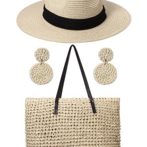 Straw Large Beach Bag for Women's Woven Beach Bag and Beach Hats Set Beach Earring Handmade Shoulder Bag Handbag Bohemia Set(Beige)