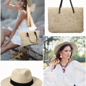 Straw Large Beach Bag for Women's Woven Beach Bag and Beach Hats Set Beach Earring Handmade Shoulder Bag Handbag Bohemia Set(Beige)