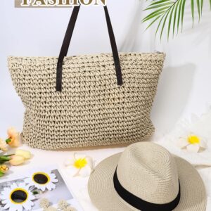 Straw Large Beach Bag for Women's Woven Beach Bag and Beach Hats Set Beach Earring Handmade Shoulder Bag Handbag Bohemia Set(Beige)