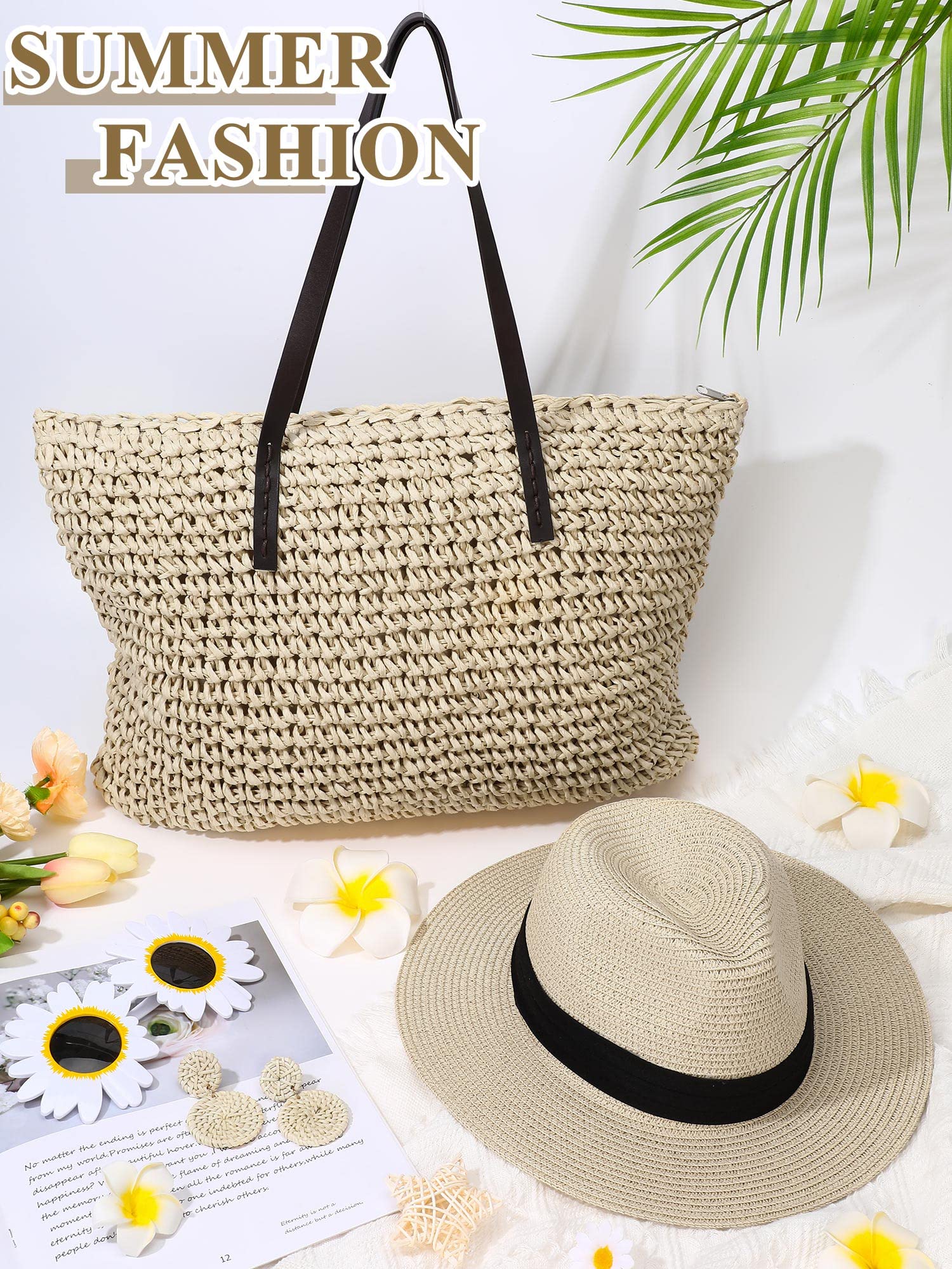 Straw Large Beach Bag for Women's Woven Beach Bag and Beach Hats Set Beach Earring Handmade Shoulder Bag Handbag Bohemia Set(Beige)