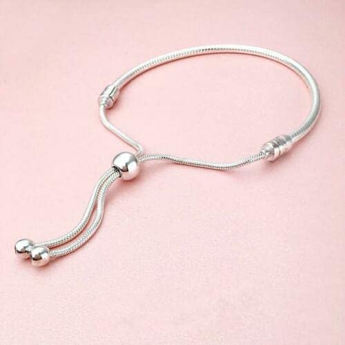 Adjustable European Charm Bracelets 3mm Steel Snake Chain Fits Pandora Beads Pendants & More (Silver Sliding Bracelet)